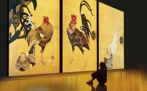 A massive screen projection reveals the world of five great painters Hokusai, Hiroshige, Sotatsu, Korin, and Jakuchu